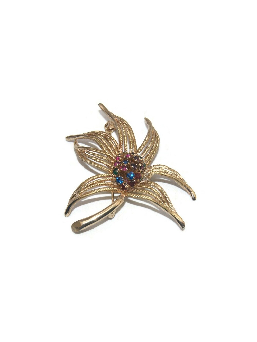 Vintage Gold Tone Flower Brooch with Pink, Blue, Green and Red Rhinestones.